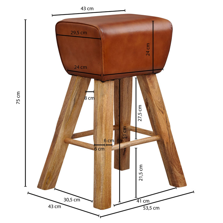 Sportlicher Turnbock-Barhocker_ Ziegenleder und Mango Massivholz_ 43x75x43 cm_ dunkelbraun - KADIMA DESIGN_Größe_ 43x43x75 cm_