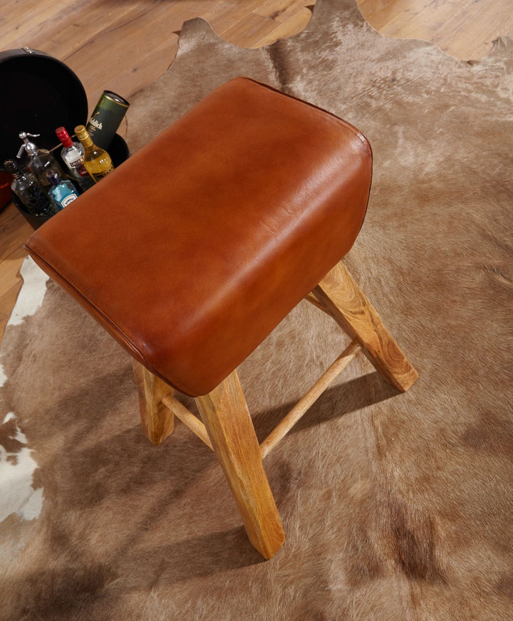 Sportlicher Turnbock-Barhocker_ Ziegenleder und Mango Massivholz_ 43x75x43 cm_ dunkelbraun - KADIMA DESIGN_Größe_ 43x43x75 cm_