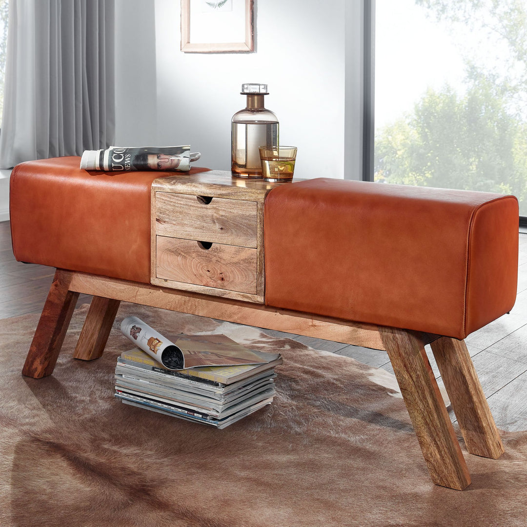 Retro-Sitzbank mit Schubladen_ Massivholz_ Stoffbezug_ 120x56x30 cm_ 2 Schubladen_ Seitentasche - KADIMA DESIGN_Farbe_ Beige_ Material_ Leder_ Größe_ 120x30x56 cm_