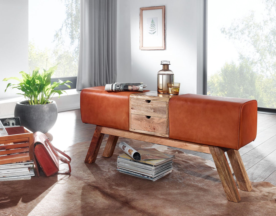 Retro-Sitzbank mit Schubladen_ Massivholz_ Stoffbezug_ 120x56x30 cm_ 2 Schubladen_ Seitentasche - KADIMA DESIGN_Farbe_ Beige_ Material_ Leder_ Größe_ 120x30x56 cm_