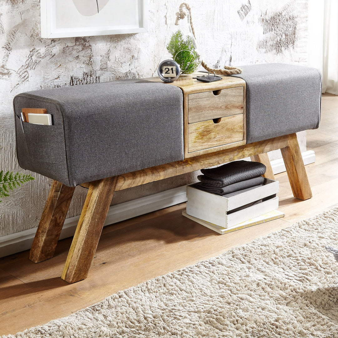 Retro-Sitzbank mit Schubladen_ Massivholz_ Stoffbezug_ 120x56x30 cm_ 2 Schubladen_ Seitentasche - KADIMA DESIGN_Farbe_ Beige_ Material_ Stoff_ Größe_ 120x30x56 cm_