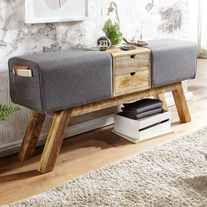 Retro-Sitzbank mit Schubladen_ Massivholz_ Stoffbezug_ 120x56x30 cm_ 2 Schubladen_ Seitentasche - KADIMA DESIGN_Farbe_ Beige_ Material_ Stoff_ Größe_ 120x30x56 cm_