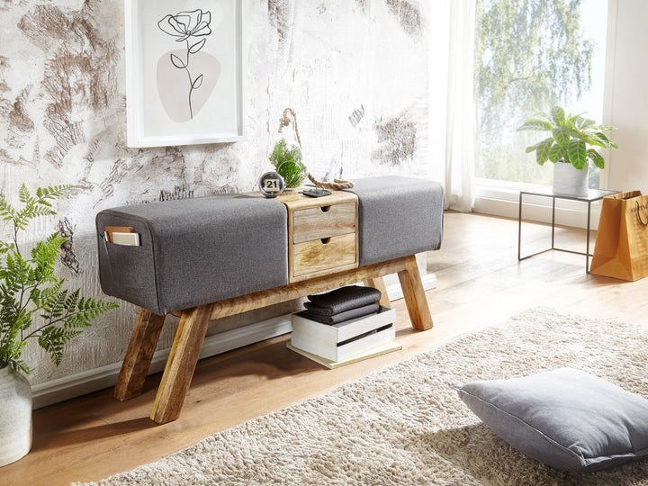 Retro-Sitzbank mit Schubladen_ Massivholz_ Stoffbezug_ 120x56x30 cm_ 2 Schubladen_ Seitentasche - KADIMA DESIGN_Farbe_ Beige_ Material_ Stoff_ Größe_ 120x30x56 cm_