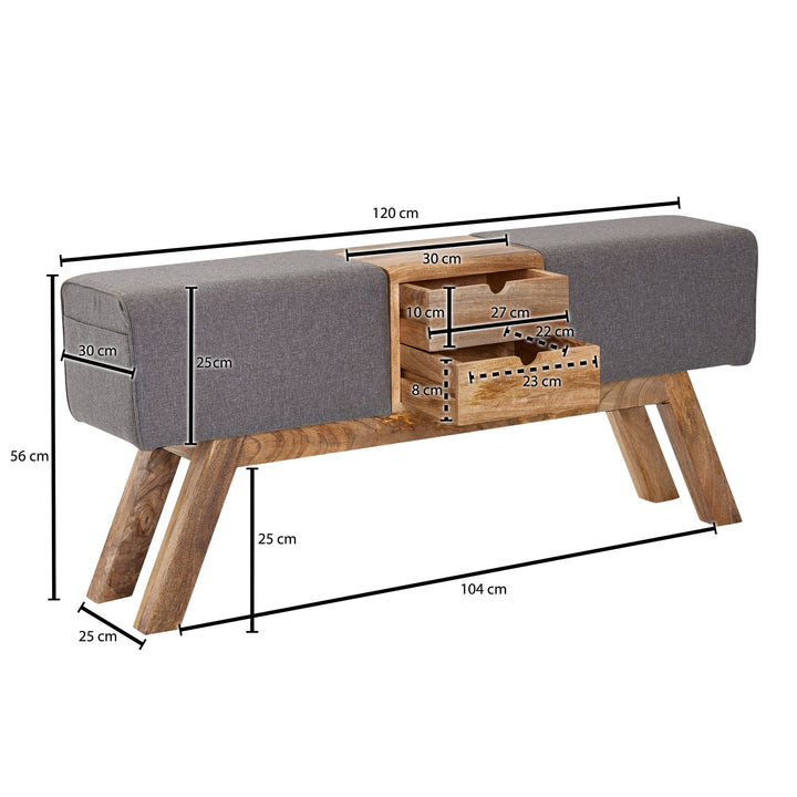 Retro-Sitzbank mit Schubladen_ Massivholz_ Stoffbezug_ 120x56x30 cm_ 2 Schubladen_ Seitentasche - KADIMA DESIGN_Farbe_ Beige_ Material_ Stoff_ Größe_ 120x30x56 cm_