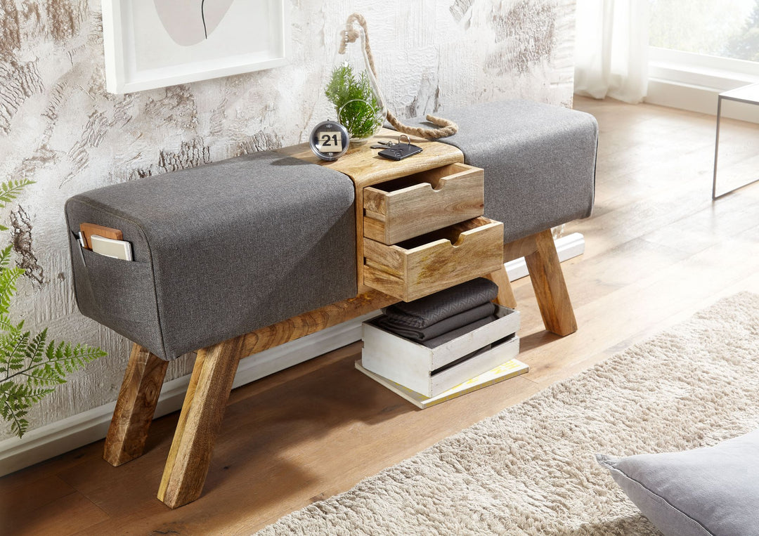 Retro-Sitzbank mit Schubladen_ Massivholz_ Stoffbezug_ 120x56x30 cm_ 2 Schubladen_ Seitentasche - KADIMA DESIGN_Farbe_ Beige_ Material_ Stoff_ Größe_ 120x30x56 cm_