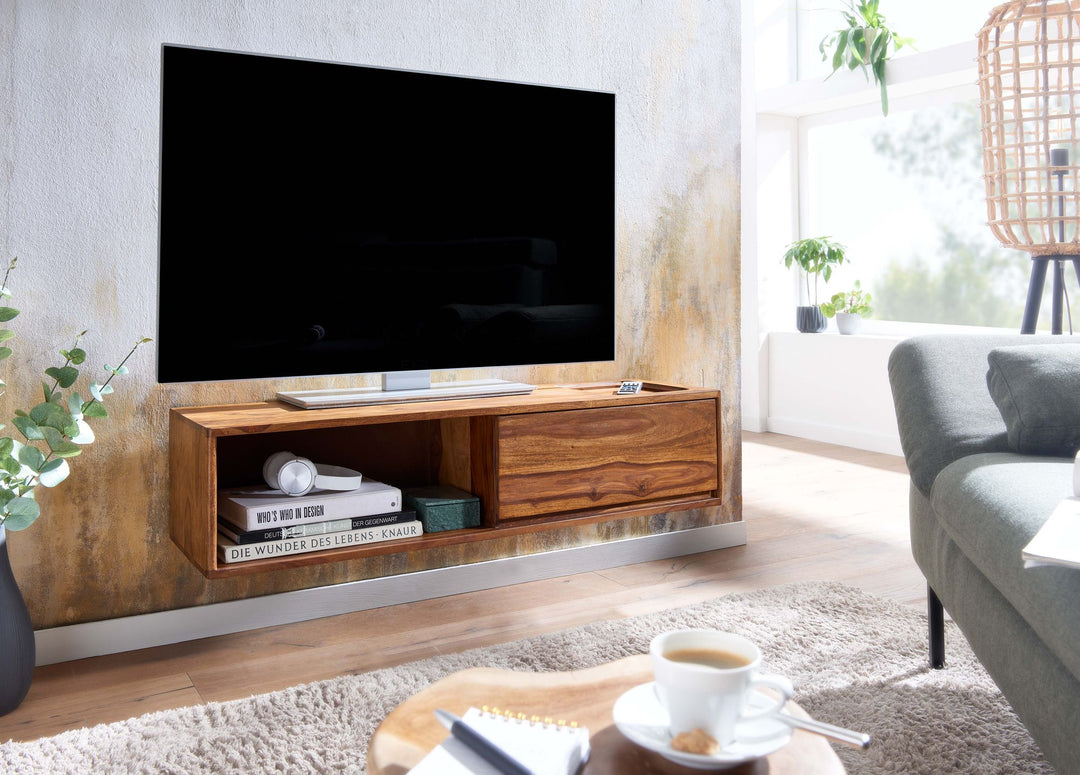 Sheesham TV-Kommode_ bis 50 Zoll_ Schublade_ offenes Fach_ Einfache Reinigung - KADIMA DESIGN_Größe_ 108x34x25 cm_