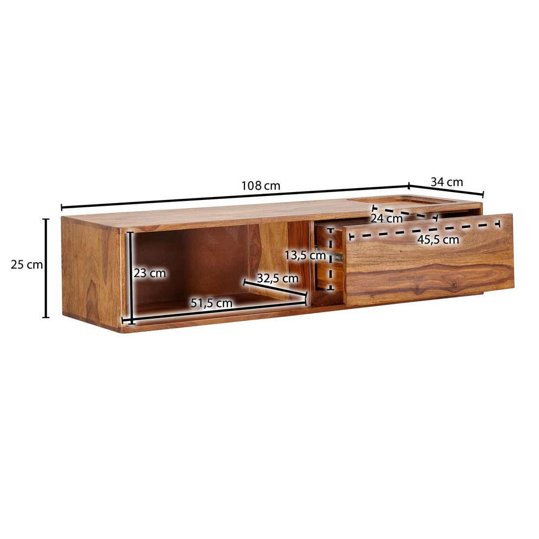 Maßzeichnung Lowboard Massivholz Modern Stil für Fernseher bis 50 Zoll mit Schublade und offenem Fach