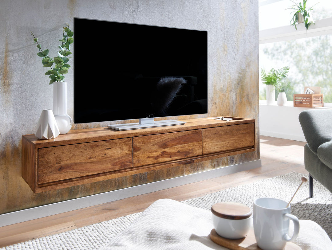KADIMA DESIGN Massivholz-TV-Kommode zum Aufhängen in Sheeshamholz für moderne Wohnzimmer mit praktischen Schubladen und Oberfläche für 65-Zoll-Fernseher_Braun_#sku_BARWL6.525#