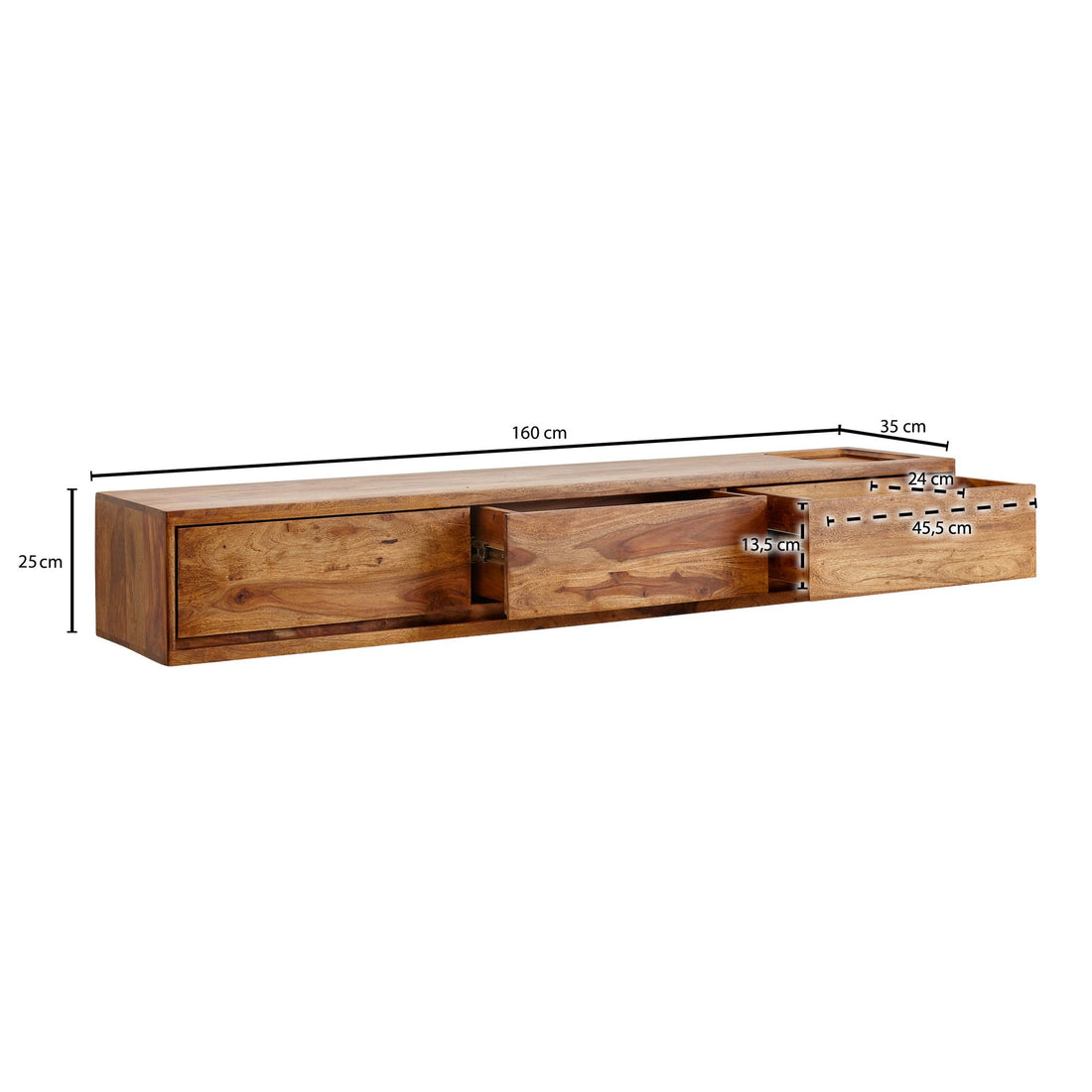 Maßzeichnung Lowboard Massivholz Modern Stil Hängend für 65-Zoll Fernseher mit 3 Schubladen