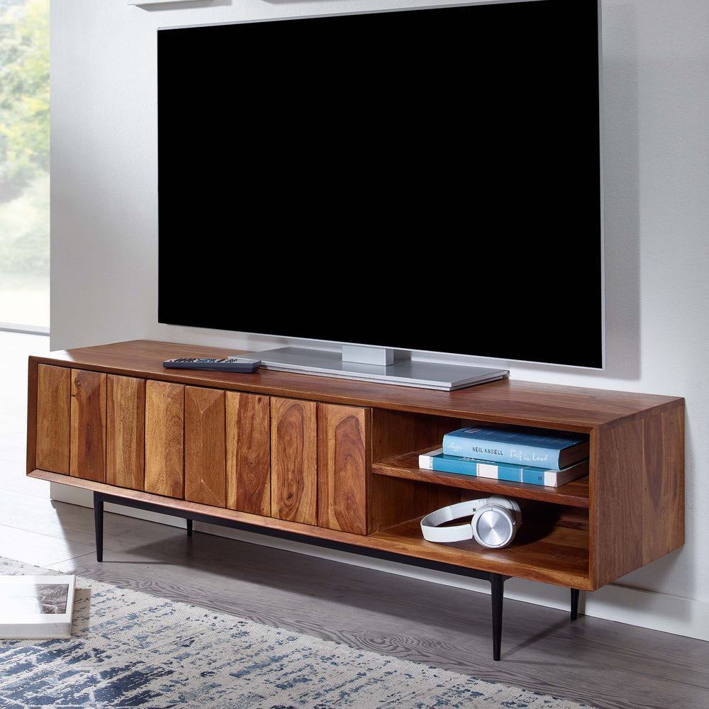 TV-Kommode_ Sheeshamholz_ bis 55 Zoll_ Push-to-Open_ Edelstahlbeine - KADIMA DESIGN_Größe_ 123x35x42 cm_