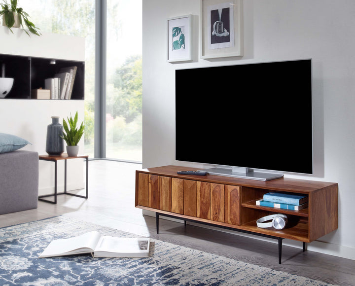 TV-Kommode_ Sheeshamholz_ bis 55 Zoll_ Push-to-Open_ Edelstahlbeine - KADIMA DESIGN_Größe_ 123x35x42 cm_