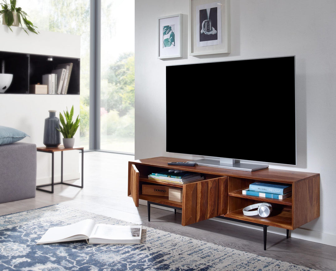 TV-Kommode_ Sheeshamholz_ bis 55 Zoll_ Push-to-Open_ Edelstahlbeine - KADIMA DESIGN_Größe_ 123x35x42 cm_