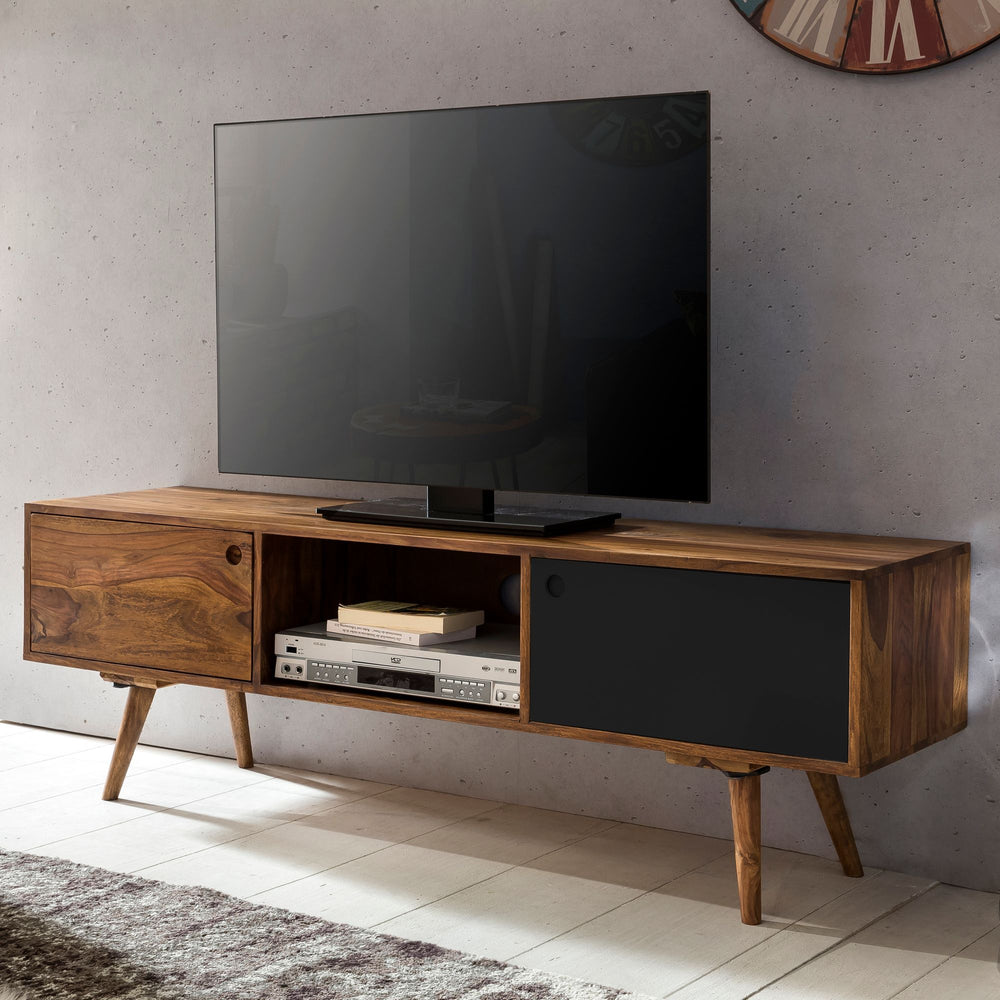TV-Lowboard SAVIO_ Rustikale Landhaus-Optik_ Massivholz Sheesham_ Viel Stauraum_ Einzigartige Maserung - KADIMA DESIGN_Farbe_ Schwarz_ Größe_ 140x35x45 cm_