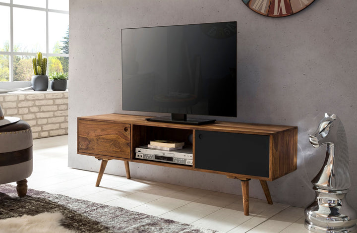 TV-Lowboard SAVIO_ Rustikale Landhaus-Optik_ Massivholz Sheesham_ Viel Stauraum_ Einzigartige Maserung - KADIMA DESIGN_Farbe_ Schwarz_ Größe_ 140x35x45 cm_