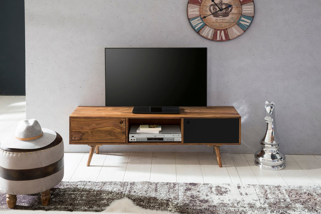 TV-Lowboard SAVIO_ Rustikale Landhaus-Optik_ Massivholz Sheesham_ Viel Stauraum_ Einzigartige Maserung - KADIMA DESIGN_Farbe_ Schwarz_ Größe_ 140x35x45 cm_