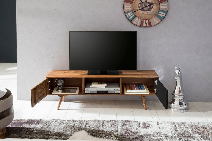 TV-Lowboard SAVIO_ Rustikale Landhaus-Optik_ Massivholz Sheesham_ Viel Stauraum_ Einzigartige Maserung - KADIMA DESIGN_Farbe_ Schwarz_ Größe_ 140x35x45 cm_