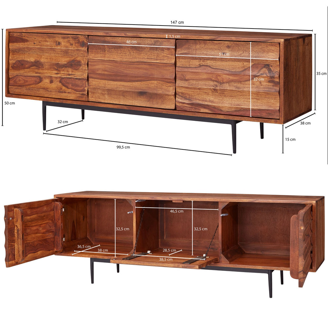 Industrial-Stil TV Lowboard_ Massivholz und Metall_ für TVs bis 55 Zoll_ Handgefertigt - KADIMA DESIGN_Größe_ 147x38x50 cm_