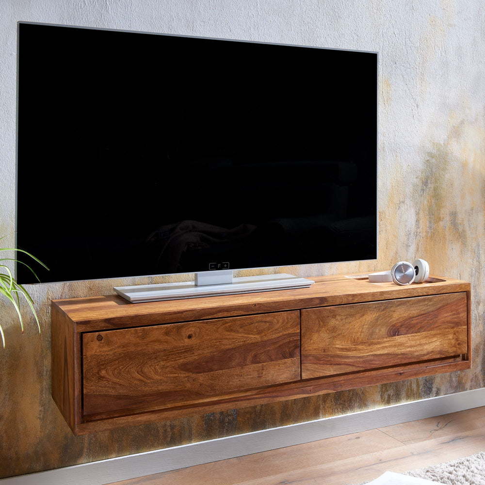 Massivholz Wand-Lowboard_ Hochwertiges TV-Board aus Sheeshamholz_ Modernes Design_ 2 Schubladen - KADIMA DESIGN_Größe_ 108x34x25 cm_