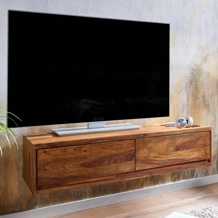 Massivholz Wand-Lowboard_ Hochwertiges TV-Board aus Sheeshamholz_ Modernes Design_ 2 Schubladen - KADIMA DESIGN_Größe_ 108x34x25 cm_