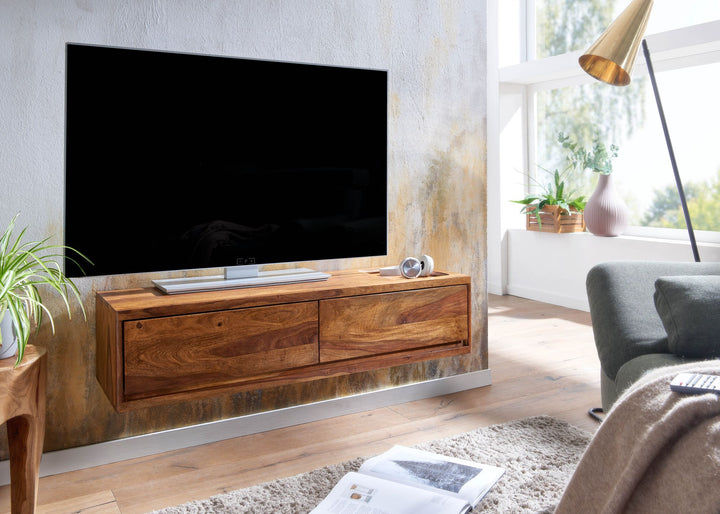 KADIMA DESIGN Massivholz Wand-Lowboard - Hochwertiges TV-Board aus Sheeshamholz_ Modernes Design_ 2 Schubladen_ schützende Oberfläche_Braun_#sku_BARWL6.568#