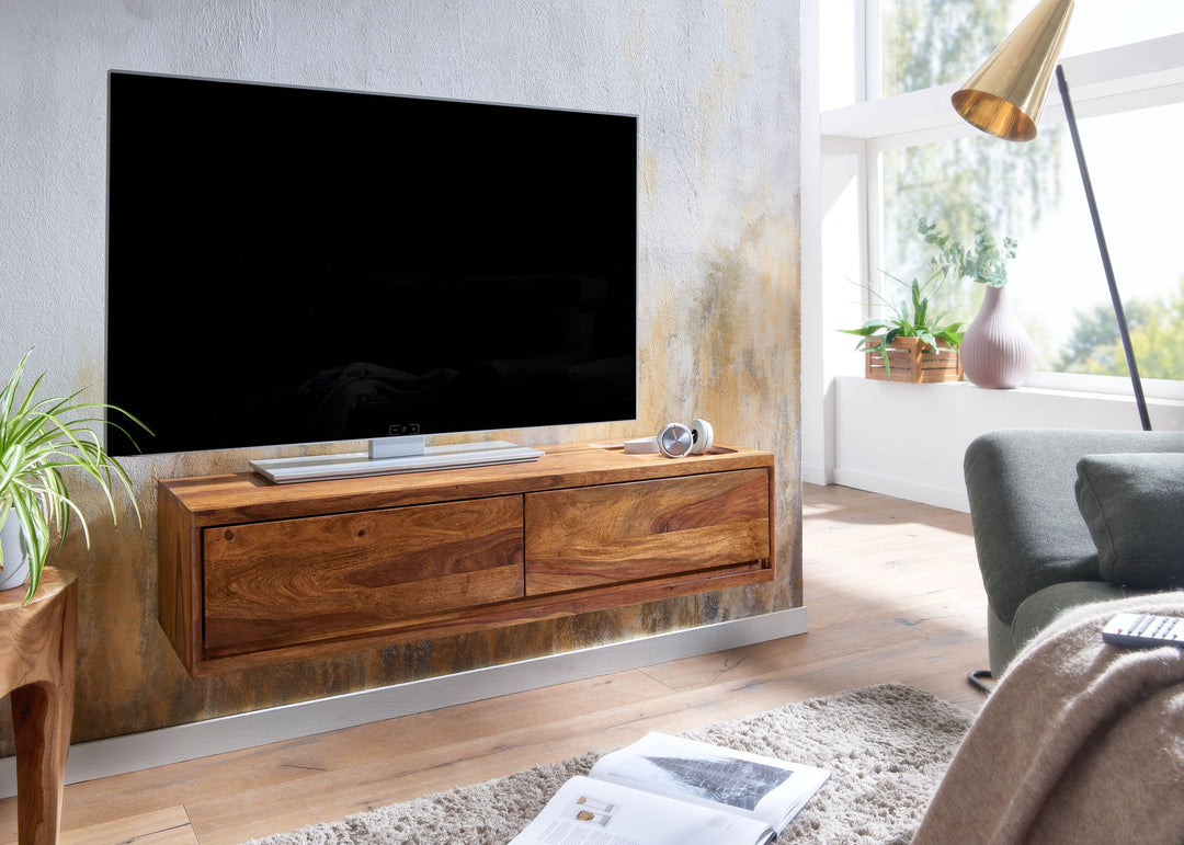 Massivholz Wand-Lowboard_ Hochwertiges TV-Board aus Sheeshamholz_ Modernes Design_ 2 Schubladen - KADIMA DESIGN_Größe_ 108x34x25 cm_