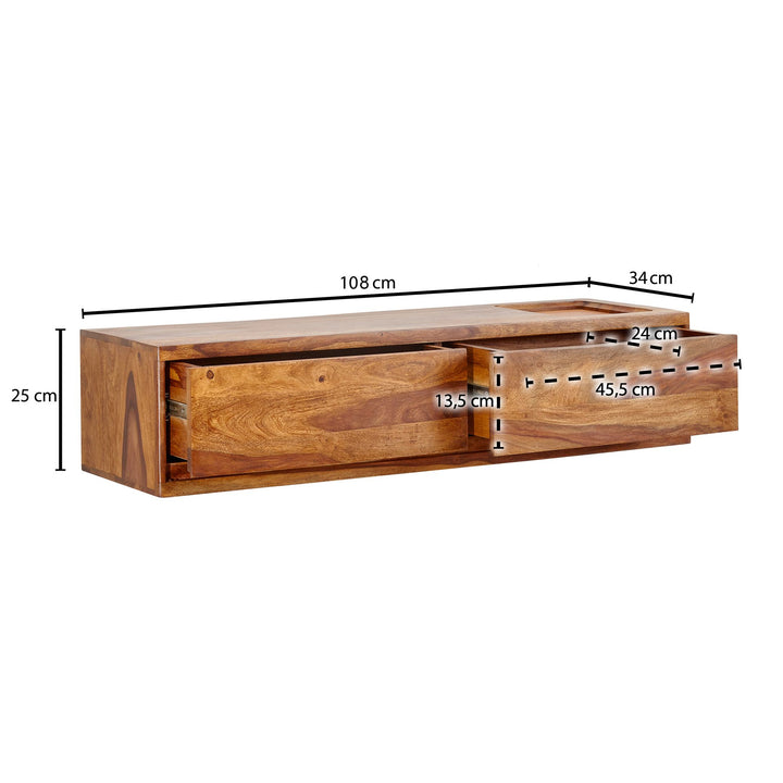 Massivholz Wand-Lowboard_ Hochwertiges TV-Board aus Sheeshamholz_ Modernes Design_ 2 Schubladen - KADIMA DESIGN_Größe_ 108x34x25 cm_