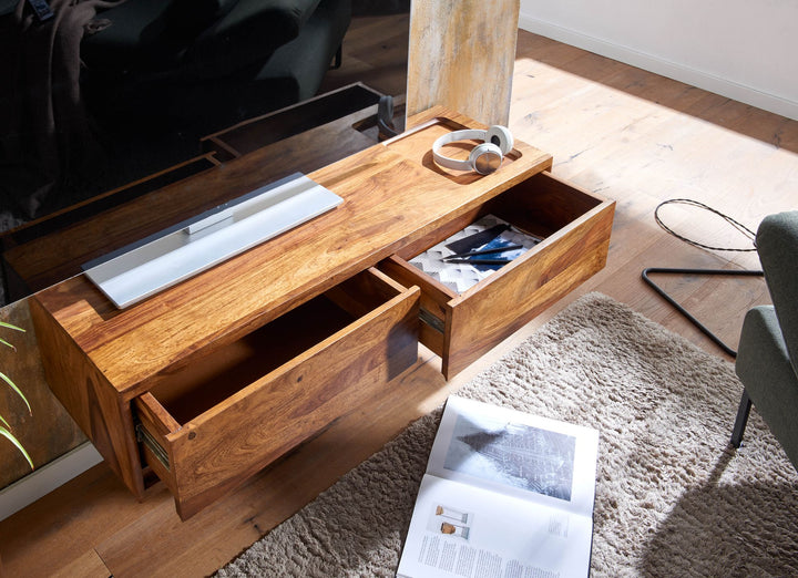 Massivholz Wand-Lowboard_ Hochwertiges TV-Board aus Sheeshamholz_ Modernes Design_ 2 Schubladen - KADIMA DESIGN_Größe_ 108x34x25 cm_