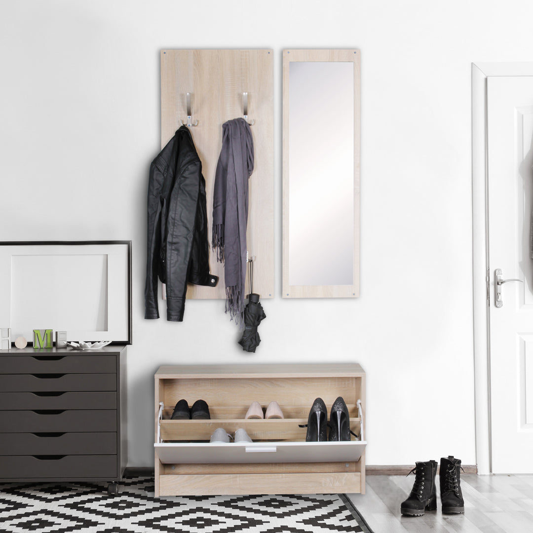 Wandgarderobe DELFT mit Spiegel_ Weiß_ Platz für 8 Paar Schuhe_ 10 Metallhaken_ Melaminharzbeschichtung - KADIMA DESIGN_Farbe_ Beige_ Größe_ 80x27x180 cm_