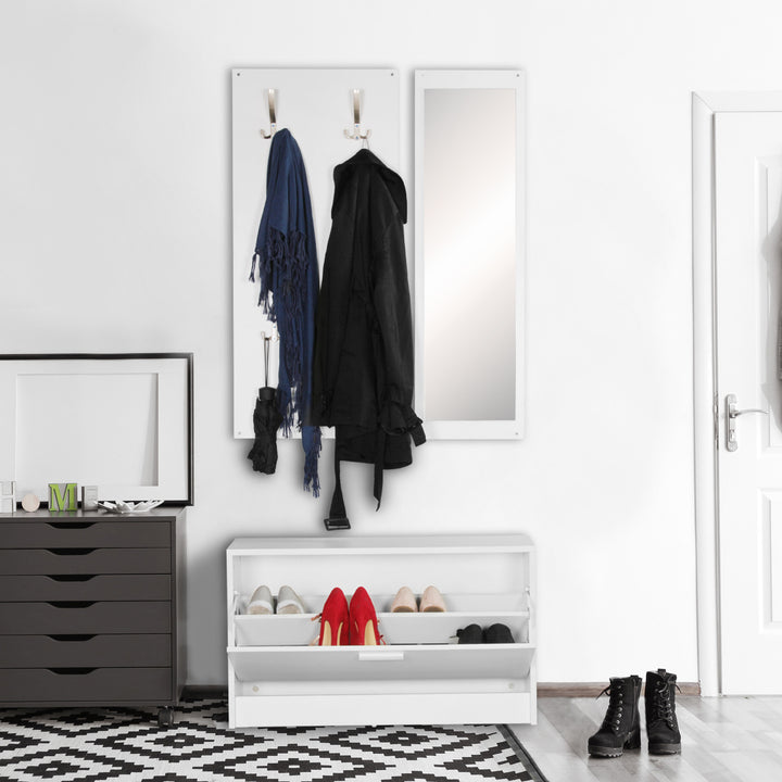 Wandgarderobe DELFT mit Spiegel_ Weiß_ Platz für 8 Paar Schuhe_ 10 Metallhaken_ Melaminharzbeschichtung - KADIMA DESIGN_Farbe_ Weiß_ Größe_ 80x27x180 cm_