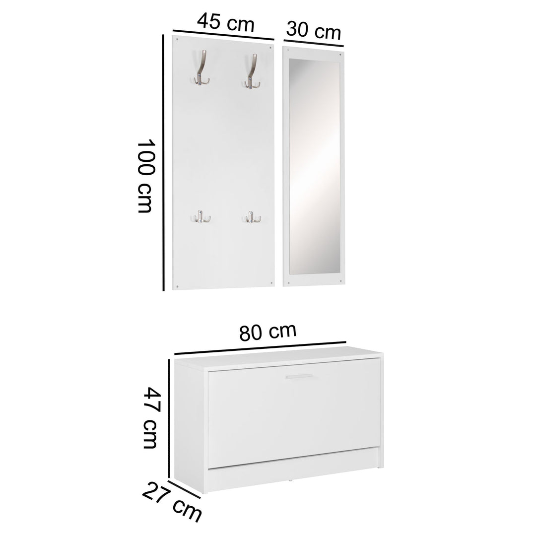 Wandgarderobe DELFT mit Spiegel_ Weiß_ Platz für 8 Paar Schuhe_ 10 Metallhaken_ Melaminharzbeschichtung - KADIMA DESIGN_Farbe_ Weiß_ Größe_ 80x27x180 cm_