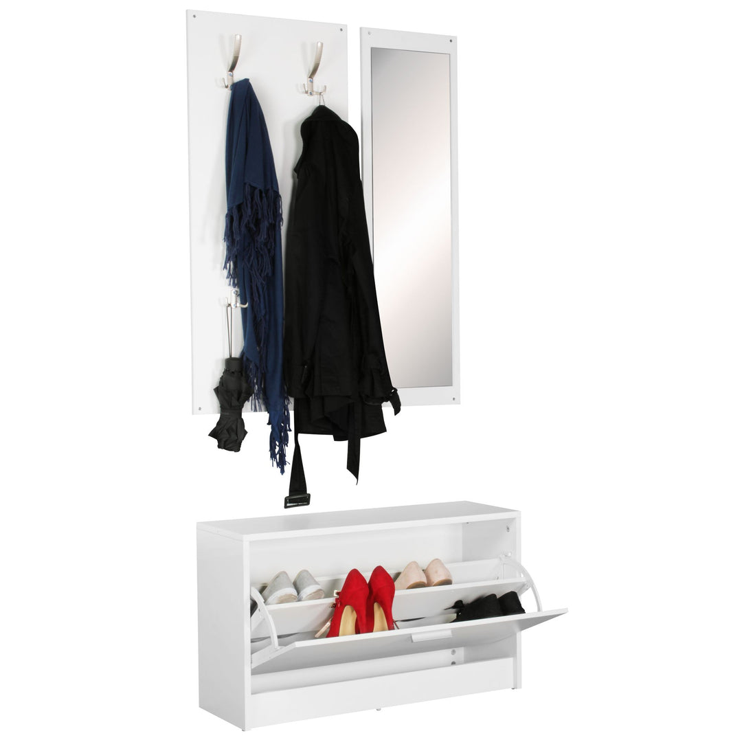 Wandgarderobe DELFT mit Spiegel_ Weiß_ Platz für 8 Paar Schuhe_ 10 Metallhaken_ Melaminharzbeschichtung - KADIMA DESIGN_Farbe_ Weiß_ Größe_ 80x27x180 cm_