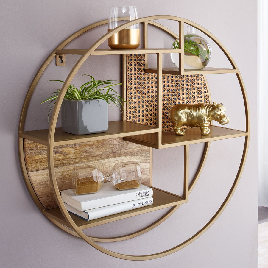 Wandregal_ Industrial-Stil_ Rattan/Metall/Massivholz_ 5 Ablageflächen_ Handgefertigt - KADIMA DESIGN_Größe_ 62x62x17 cm_