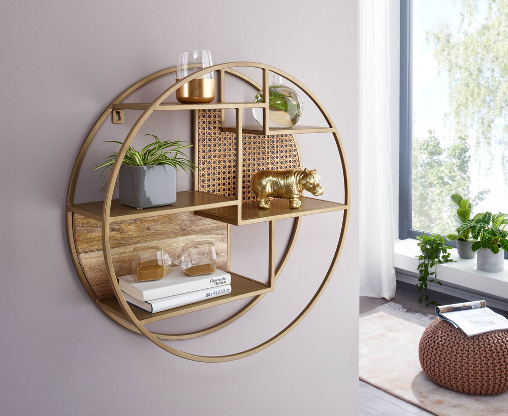 Wandregal_ Industrial-Stil_ Rattan/Metall/Massivholz_ 5 Ablageflächen_ Handgefertigt - KADIMA DESIGN_Größe_ 62x62x17 cm_