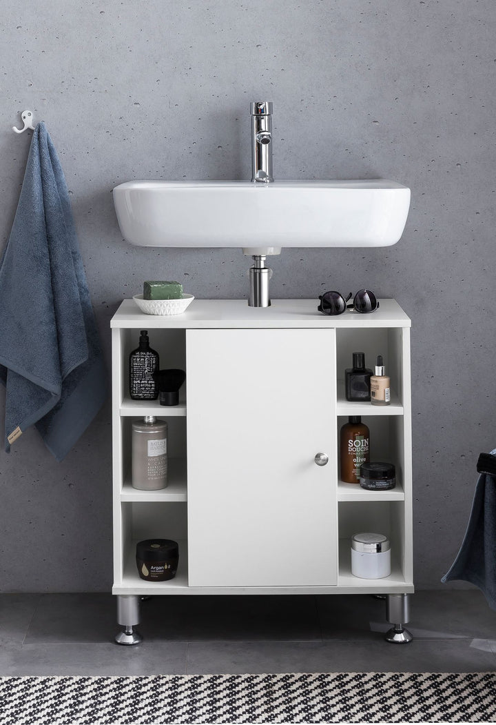 KADIMA DESIGN Moderner Badezimmer-Unterschrank mit Chromfarbenfassung_ großem Stauraum und justierbaren Standfüßen_Weiß_#sku_BARWL5.752#