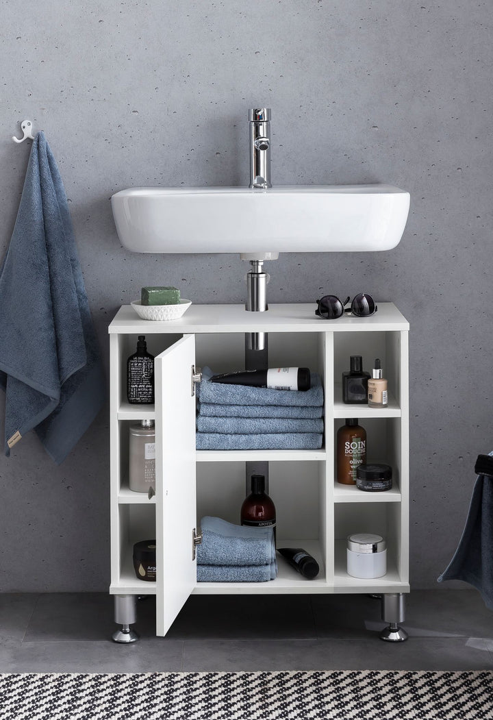 KADIMA DESIGN Moderner Badezimmer-Unterschrank mit Chromfarbenfassung_ großem Stauraum und justierbaren Standfüßen_Weiß_#sku_BARWL5.752#