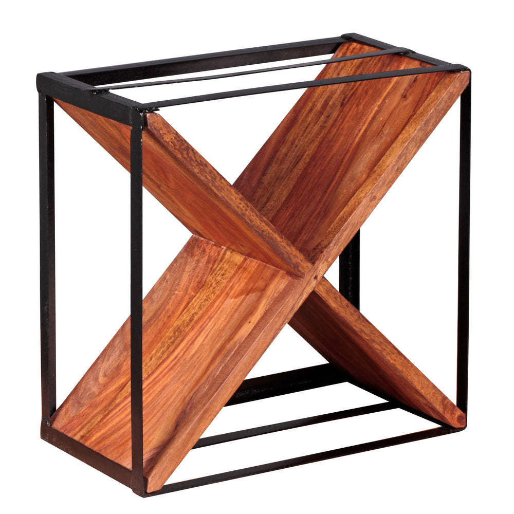 Weinregal INDI_ Handgefertigtes Massivholz und Metallrahmen_ Wandmontage_ Platz für 16 Flaschen_ X-Form_ Sheesham-Farbe - KADIMA DESIGN_Farbe_ Braun_ Größe_ 37x20x37 cm_