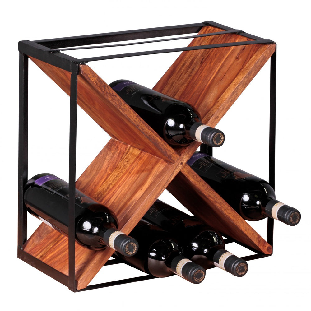 Weinregal INDI_ Handgefertigtes Massivholz und Metallrahmen_ Wandmontage_ Platz für 16 Flaschen_ X-Form_ Sheesham-Farbe - KADIMA DESIGN_Farbe_ Braun_ Größe_ 37x20x37 cm_