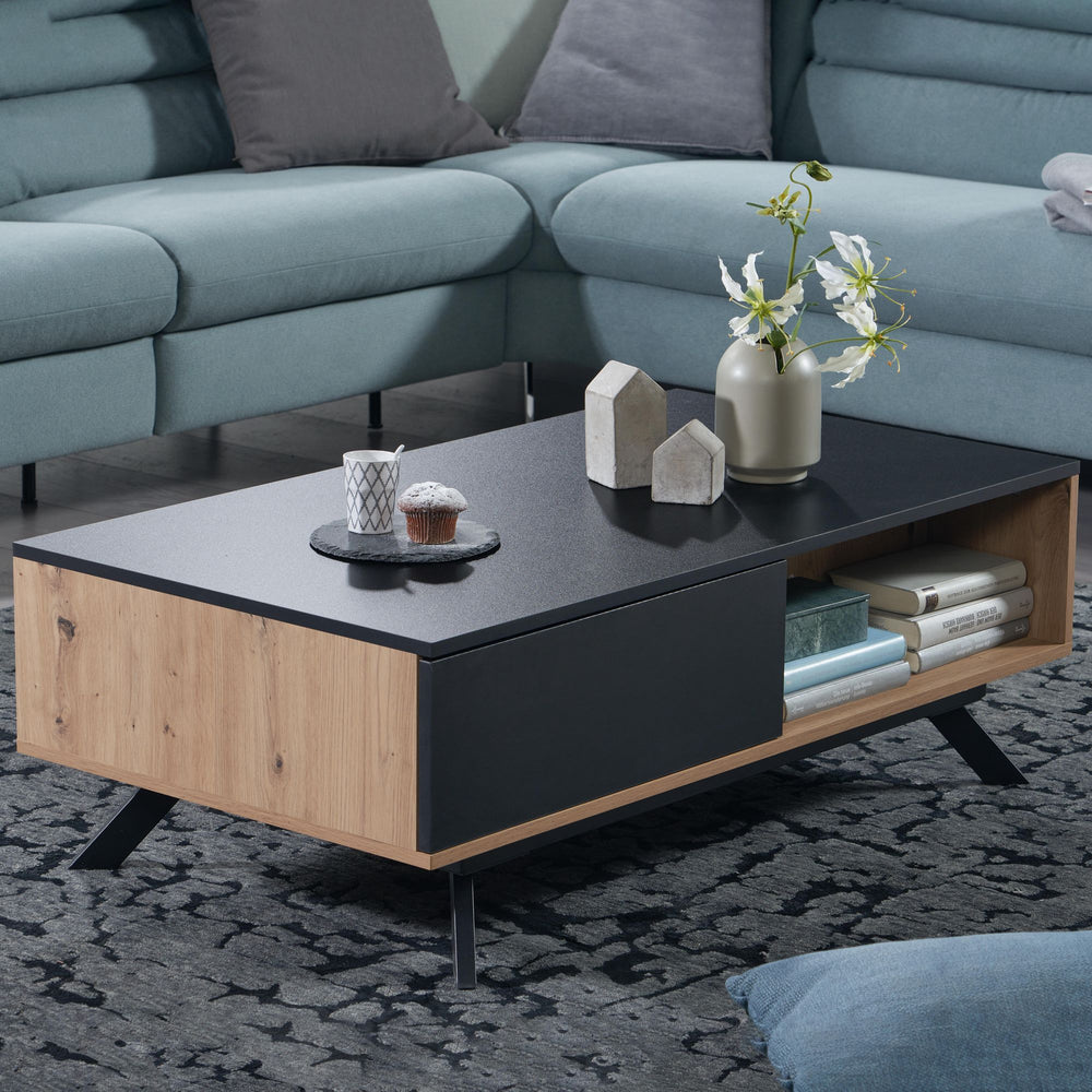Moderner Couchtisch mit Stauraum_ Eiche-Dekor und Schwarz_ 110x60x38 cm_ robust und wasserabweisend - KADIMA DESIGN_Größe_ 110x60x38 cm_