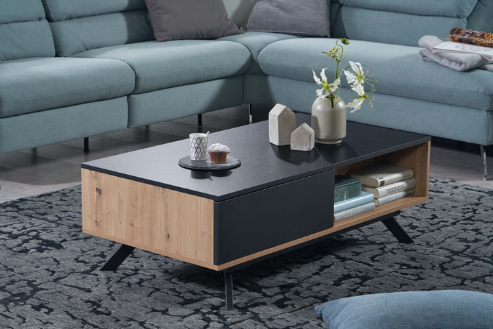 Moderner Couchtisch mit Stauraum_ Eiche-Dekor und Schwarz_ 110x60x38 cm_ robust und wasserabweisend - KADIMA DESIGN_Größe_ 110x60x38 cm_