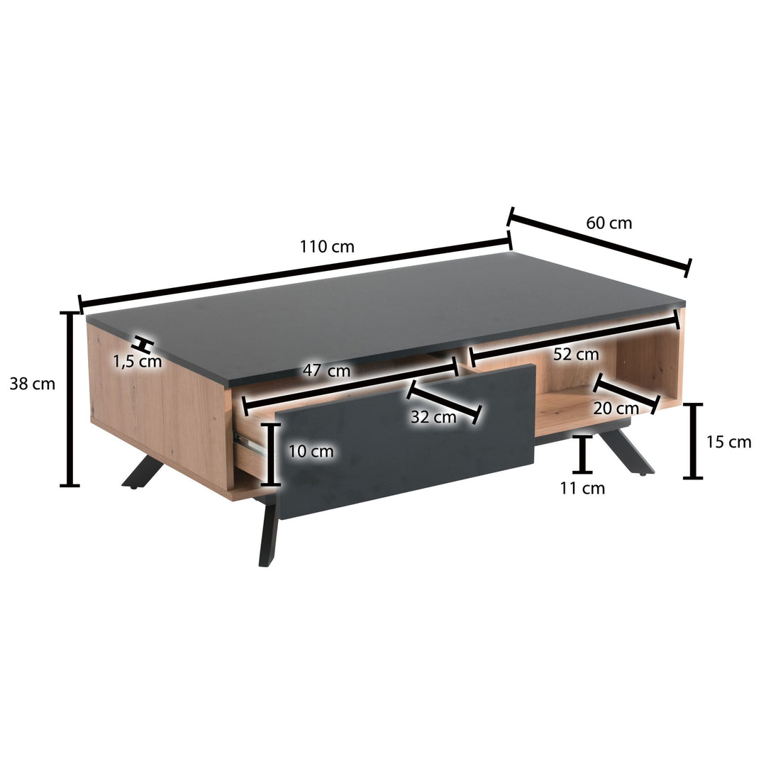Moderner Couchtisch mit Stauraum_ Eiche-Dekor und Schwarz_ 110x60x38 cm_ robust und wasserabweisend - KADIMA DESIGN_Größe_ 110x60x38 cm_