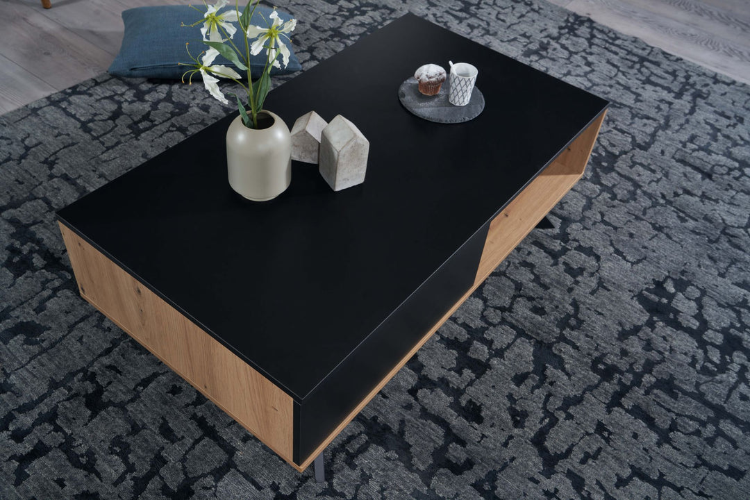 Moderner Couchtisch mit Stauraum_ Eiche-Dekor und Schwarz_ 110x60x38 cm_ robust und wasserabweisend - KADIMA DESIGN_Größe_ 110x60x38 cm_