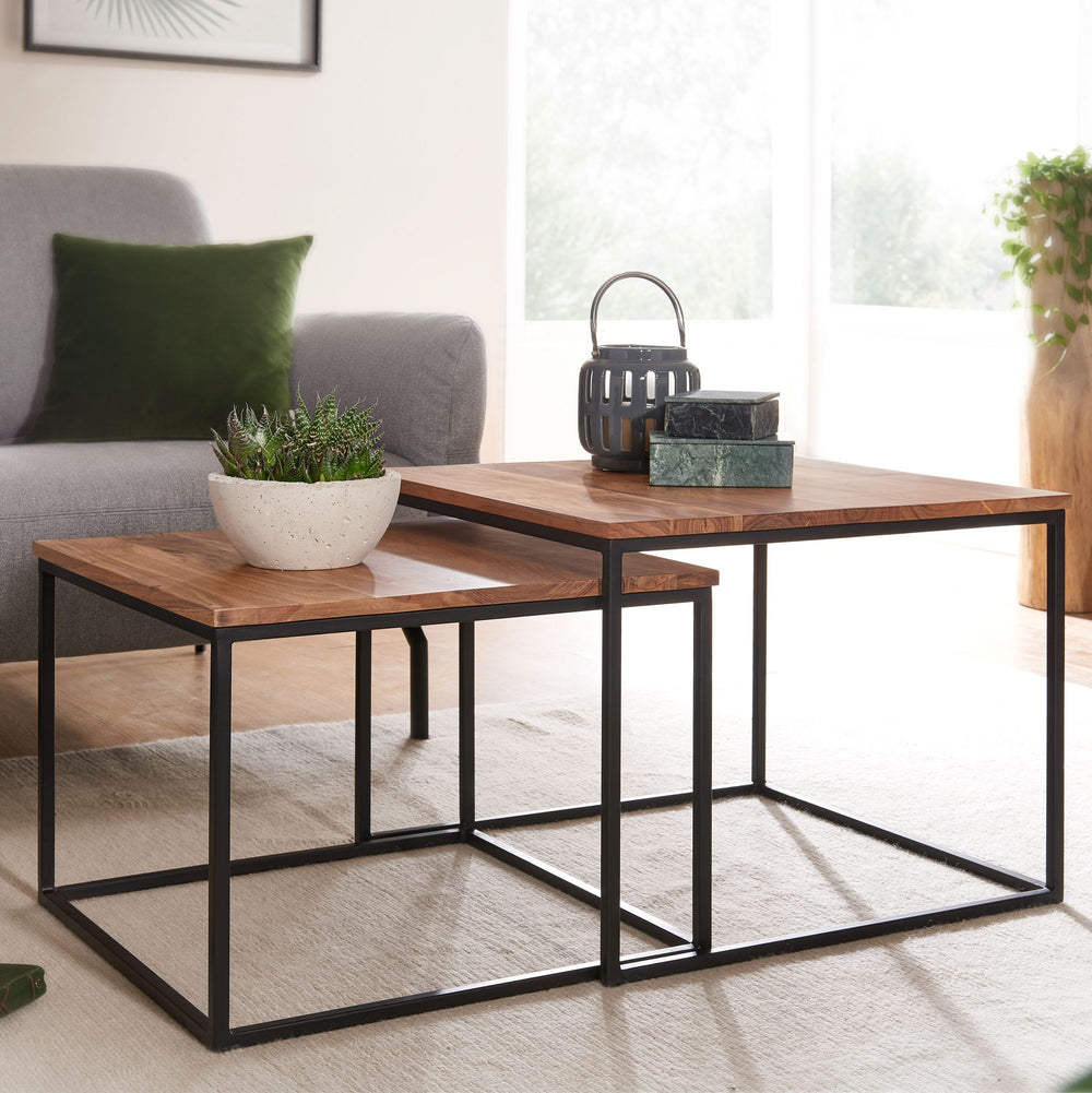 Industrie-Stil Wohnzimmertisch 2er Set_ Holz &amp; Metall_ Quadratisch - KADIMA DESIGN_Größe_ 60x60x46 cm_