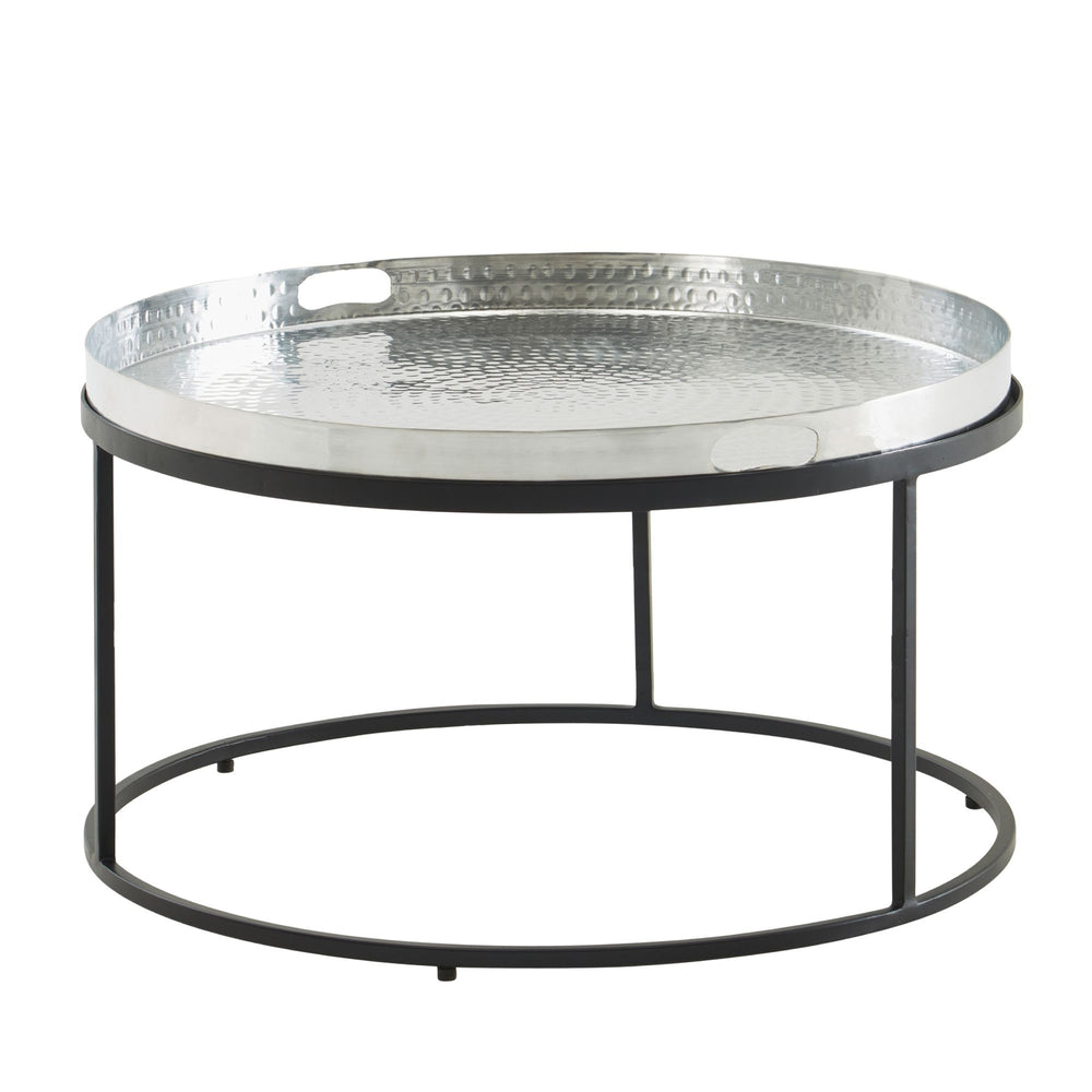 Couchtisch mit Hammerschlag-Struktur_ Abnehmbares Tablett_ Hammerschlag-Struktur_ 62x62x36 cm_ Aluminium und Eisen_ silber-schwarz - KADIMA DESIGN_Farbe_ Silber_ Größe_ 62x62x36 cm_