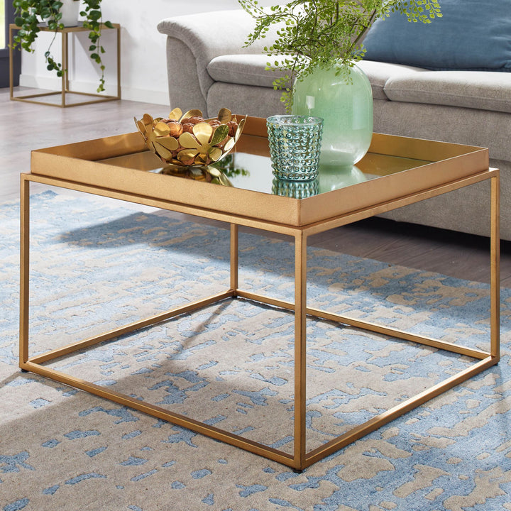 Quadratischer Couchtisch_ verspiegeltes Glas_ goldenes Metallgestell - KADIMA DESIGN_Größe_ 60x60x41 cm_